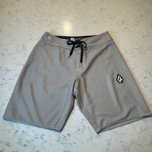 Volcom Board Shorts Mens 28 Grey Striped Lace Up Swim Trunks Stone Logo